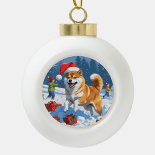 Shiba Inu Running in Snow with Christmas Hat Ceramic Ball Christmas Ornament
