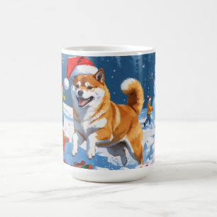Shiba Inu Running in Snow with Christmas Hat Coffee Mug