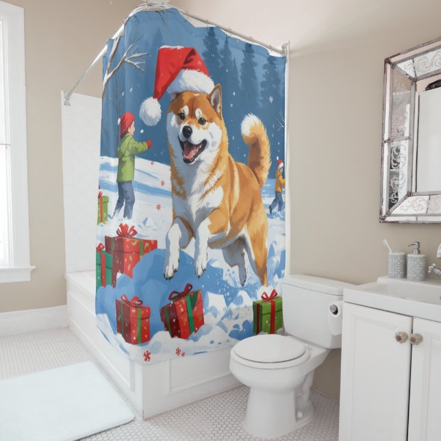 Shiba Inu Running in Snow with Christmas Hat Shower Curtain (In Situ)