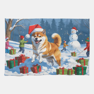 Shiba Inu Running in Snow with Christmas Hat Tea Towel