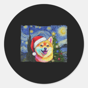 Shiba Inu Santa Hat Christmas Starry Night Art Dog Classic Round Sticker