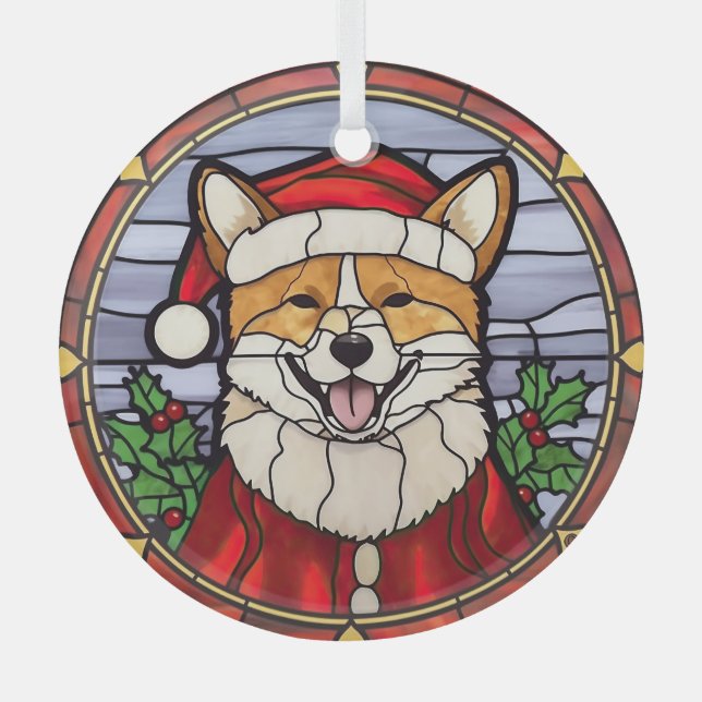 Shiba Inu Stained Glass Christmas  Glass Tree Decoration (Front)