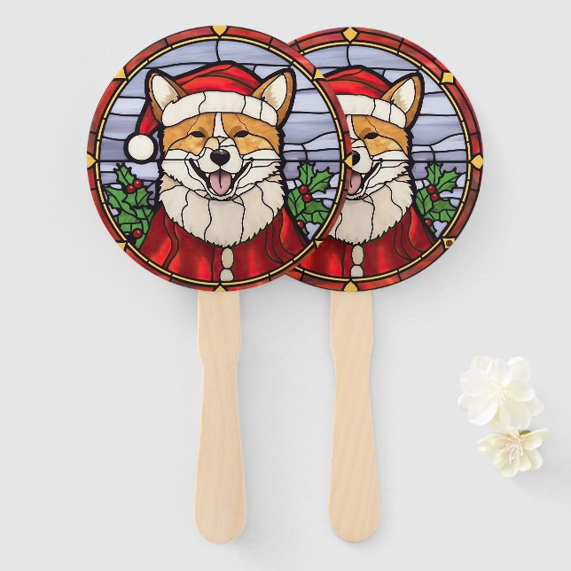 Shiba Inu Stained Glass Christmas  Hand Fan (Front and Back)
