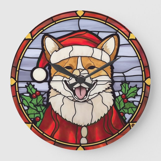 Shiba Inu Stained Glass Christmas  Large Clock (Front)
