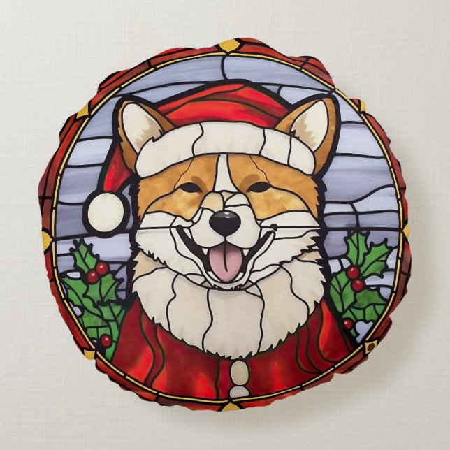 Shiba Inu Stained Glass Christmas  Round Cushion (Back)