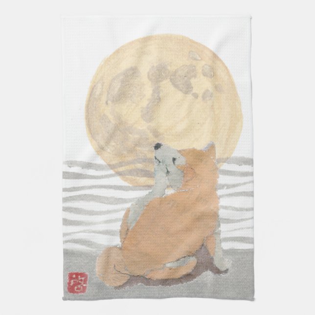 Shiba Inu,  Super Moon Tea Towel (Vertical)