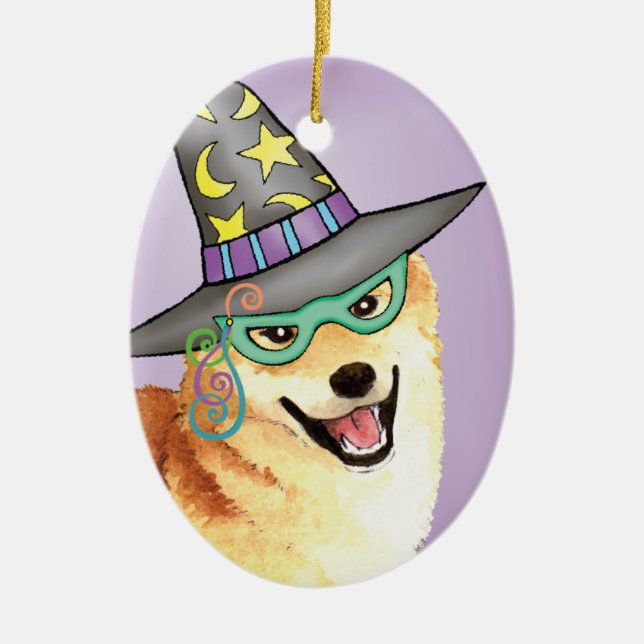Shiba Inu Witch Ceramic Tree Decoration (Front)