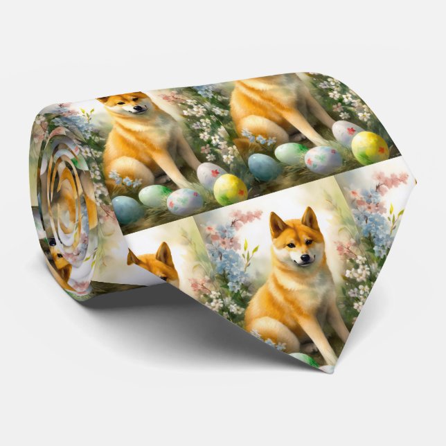 Shiba Inu with Easter Eggs Holiday  Tie (Rolled)
