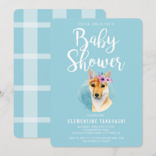 Shiba Inu with Flower Crown   Baby Shower Blue Invitation