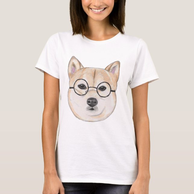 Shiba Inu with Oversized Round Framed Glasses T-Shirt (Front)