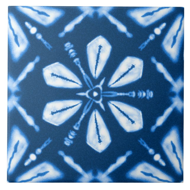 Shibori Blue Star Flower Tile (Front)