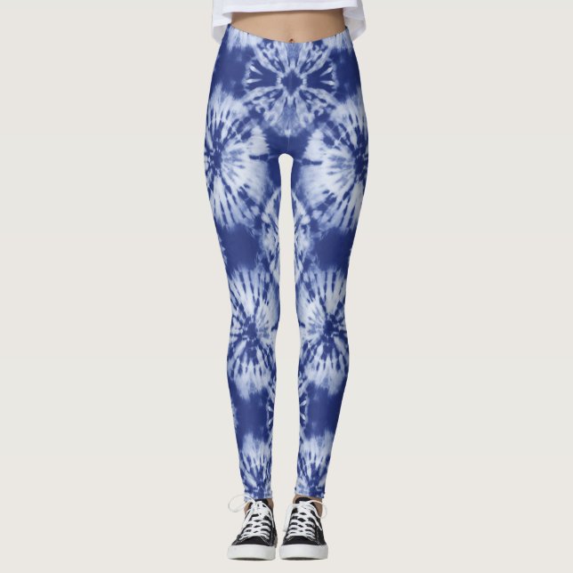 Shibori Indigo Blue Tie Dye Abstract Twist Pattern Leggings (Front)