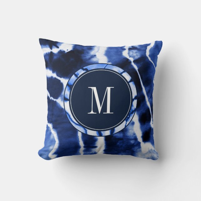 Shibori Indigo Blue Tie Dye Watercolor Monogram Cushion (Front)