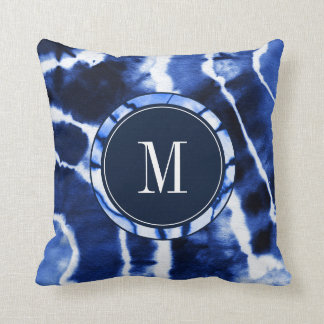 Shibori Indigo Blue Tie Dye Watercolor Monogram Cushion