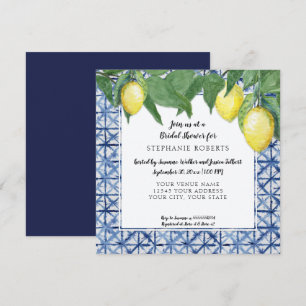 Shibori Navy n White w Lemon Citrus Bridal Shower Invitation