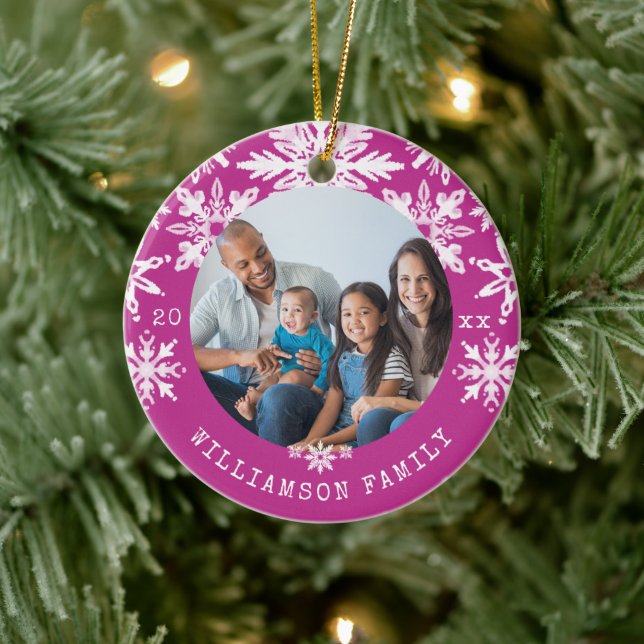 Shibori Snowflakes Tie Dye Magenta Family Photo Ceramic Tree Decoration (Tree)