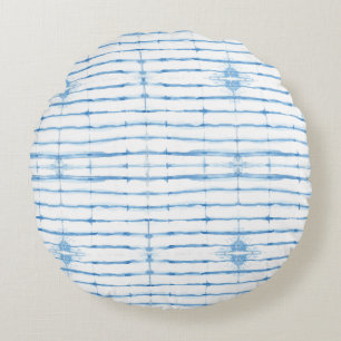 Shibori Tie Dye Blue Line Pattern Round Pillow