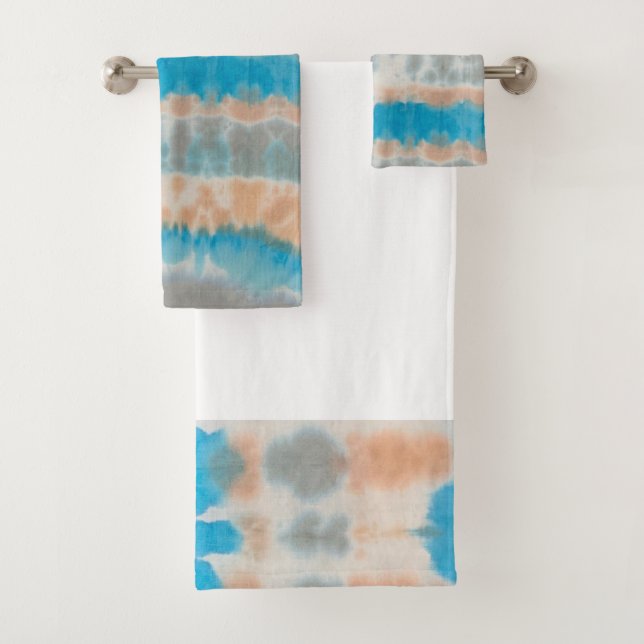 Shibori Tie Dye Blue Orange Boho Bath Towel Set (Insitu)