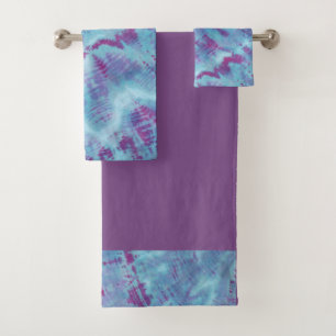 Shibori Tie Dye Blue Purple Boho Bath Towel Set