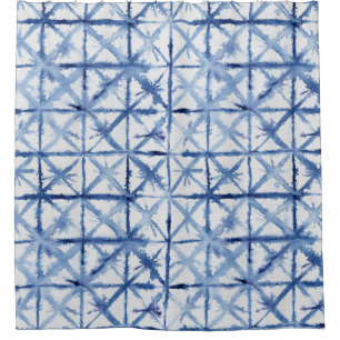 Shibori Tie Dye Indigo Blue X Pattern Watercolor Shower Curtain