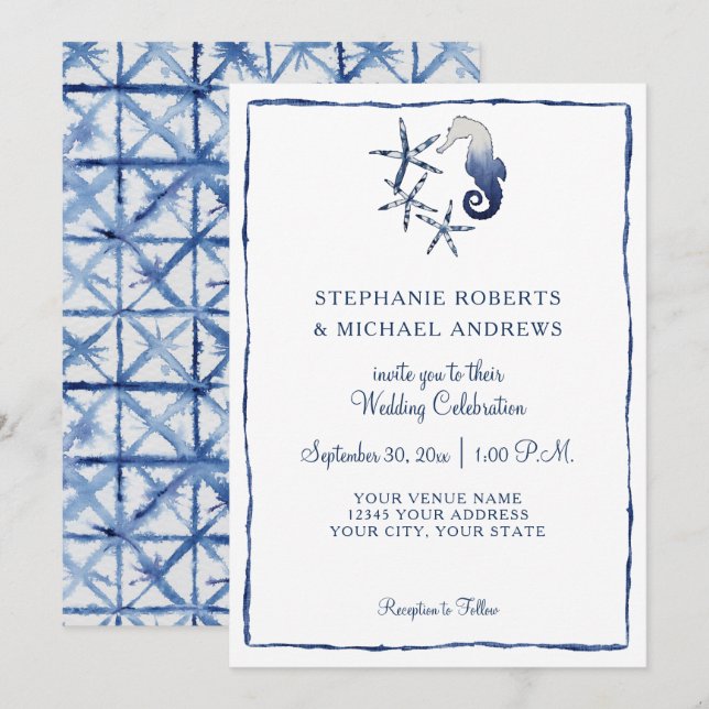 Shibori Tie Dye Indigo Seahorse Starfish Beach Art Invitation (Front/Back)