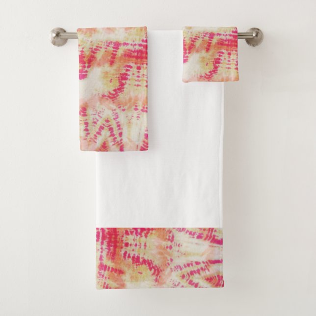 Shibori Tie Dye Pink Orange Boho Bath Towel Set (Insitu)