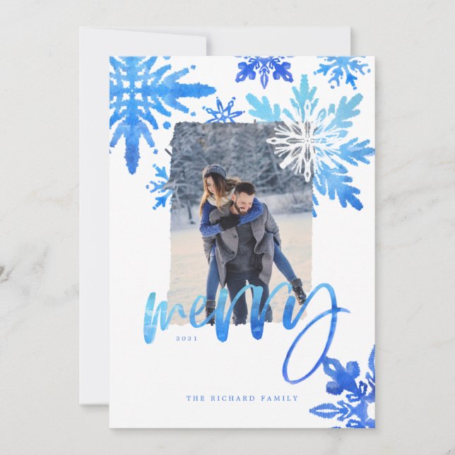 Shibori Tie Dye Royal Blue Snowflakes Photo Holiday Card (Front)