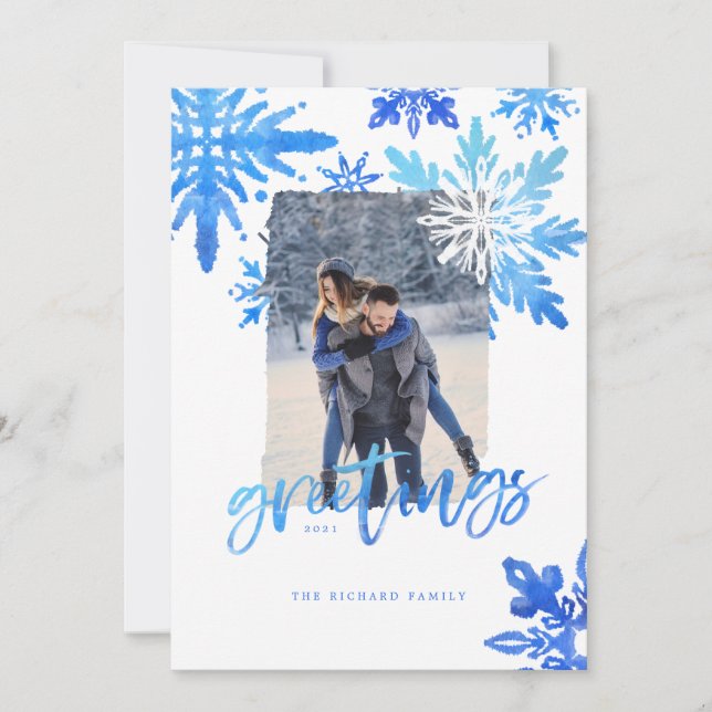Shibori Tie Dye Royal Blue Snowflakes Photo Holiday Card (Front)