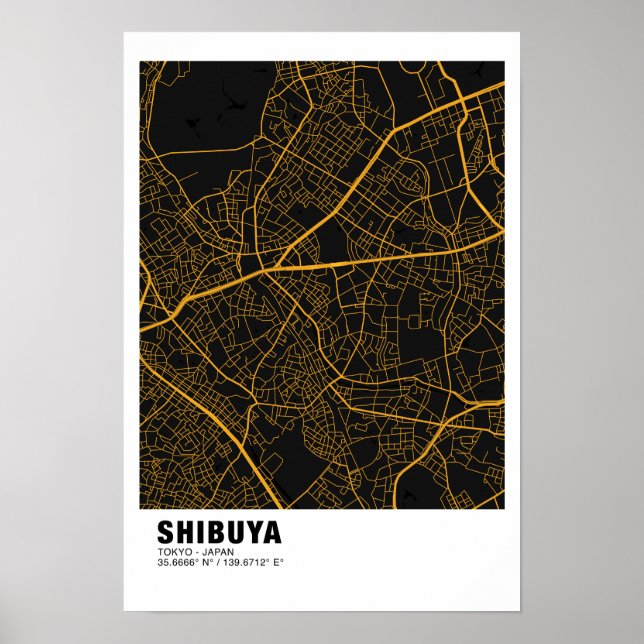 Shibuya Map Poster - Tokyo Black And Golden Map (Front)