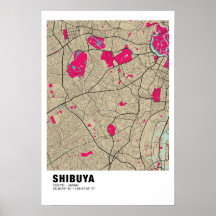 Shibuya Map Poster - Tokyo Stylish Pink Map