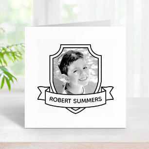 Shield and Ribbon Custom Name and Photo Rubber Stamp