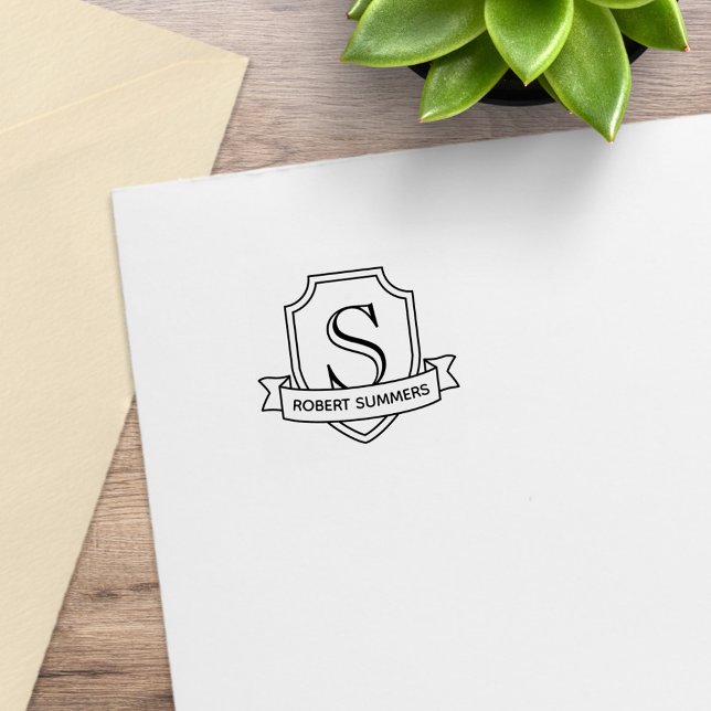 Shield and Ribbon Monogram Initial 1x1 Rubber Stamp (Creator Uploaded)