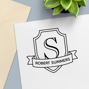 Shield and Ribbon Monogram Initial Self-inking Stamp