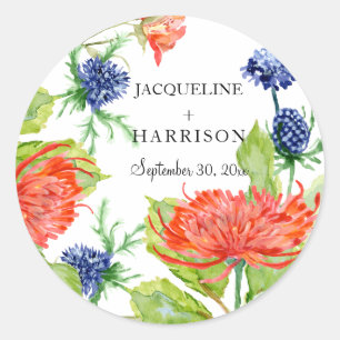 Shield Floral Watercolor Chrysanthemum Thistle Classic Round Sticker