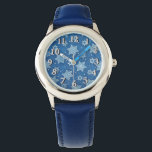 Shields of David Watch<br><div class="desc">Kids’ stainless steel blue leather strap watch with an image of Shields of David (or Stars of David) on blue. Optional silver clock face. See matching round charm and round basic button keychain. See the entire Hanukkah Watch collection under the ACCESSORIES category in the HOLIDAYS section.</div>