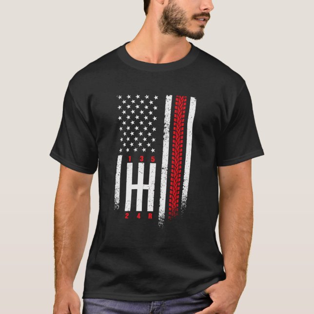 Shift Mechanic Gears Race Car American Flag July 4 T-Shirt (Front)