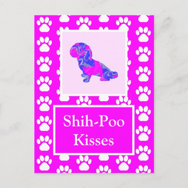 Shih-Poo Dog Kisses Silhouette in Cute Pink & Blue Postcard (Front)