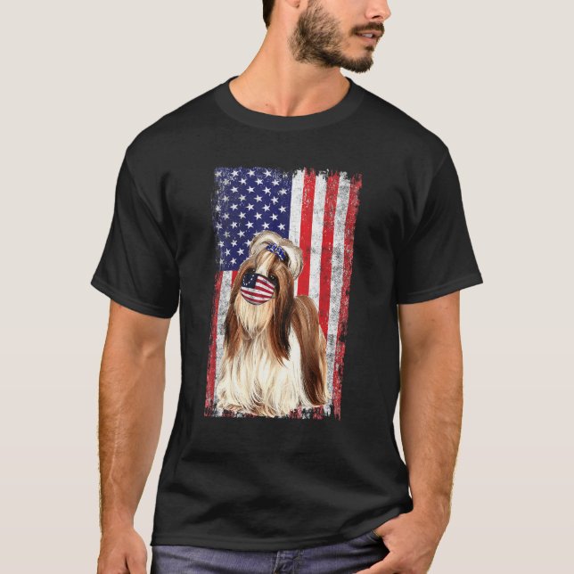 Shih Tzu American Flag Dog Wears Face Mask 4th Of  T-Shirt (Front)