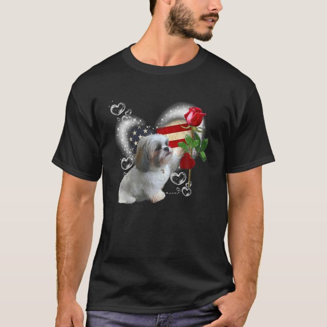 Shih Tzu American Flag Heart Rose Flower - Shih Tz T-Shirt (Front)