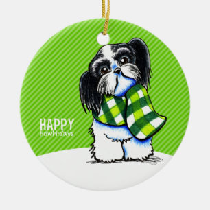 Shih Tzu B/W Christmas Snow Happy Howl-i-days Ceramic Tree Decoration