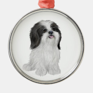 Shih Tzu - black and white (by JF) Metal Tree Decoration