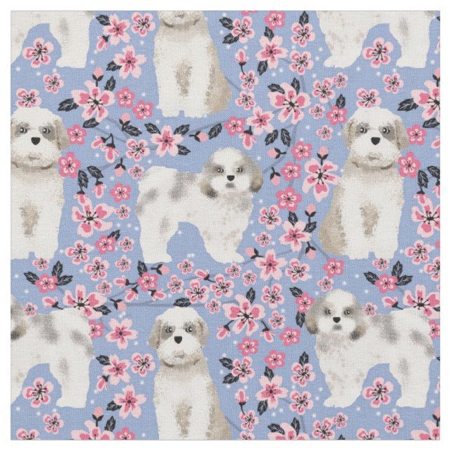 shih tzu cherry blossoms pink fabric (Close Up)