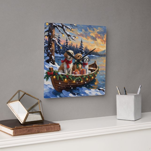Shih Tzu Christmas Boat Holiday Square Wall Clock (Office)
