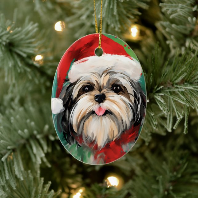 Shih Tzu Christmas brush painting artwork Ceramic Tree Decoration (Tree)