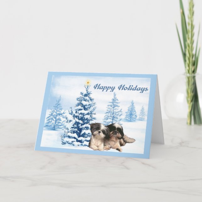 Shih Tzu Christmas Card Blue Tree (Front)