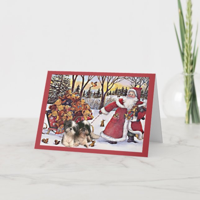 Shih Tzu Christmas Card Santa Bears In Sleigh (Front)