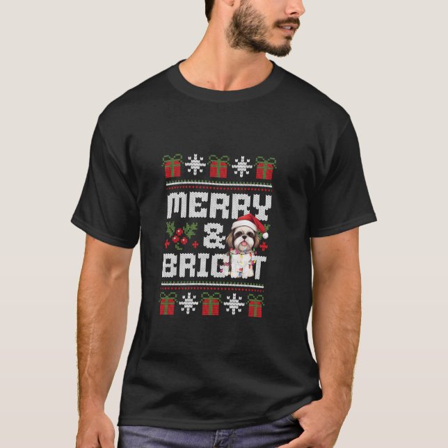 Shih Tzu Christmas Dog Lights Merry Bright Design  T-Shirt (Front)