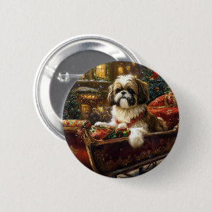 Shih Tzu Christmas Festive Season 6 Cm Round Badge