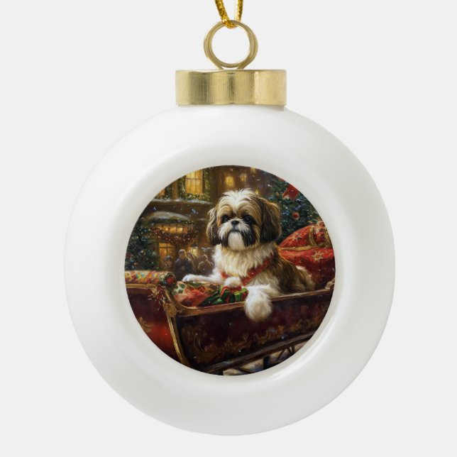 Shih Tzu Christmas Festive Season Ceramic Ball Christmas Ornament (Front)