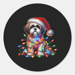 Shih Tzu Christmas Lights Santa Hat Dog Lover Classic Round Sticker